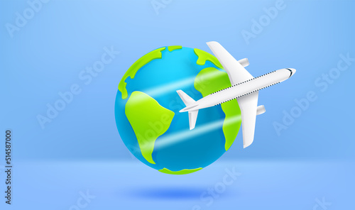 Travel concept with the Earth and airplane. Vector 3d illustration