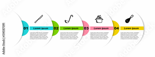 Set line Knife, Kitchen ladle, Cooking pot and whisk. Business infographic template. Vector