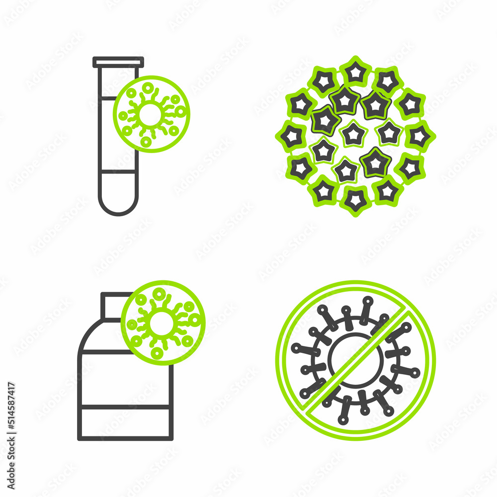Set line Stop virus, Bottle with, Virus and Test tube icon. Vector Set line Stop virus, Bottle with, Virus and Test tube icon. Vector