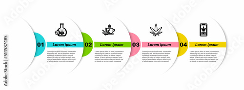 Set line Test tube with marijuana, Cup tea, Marijuana or cannabis leaf and Online buying. Business infographic template. Vector