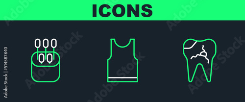 Set line Broken tooth, Cotton swab for ears and Sleeveless T-shirt icon. Vector
