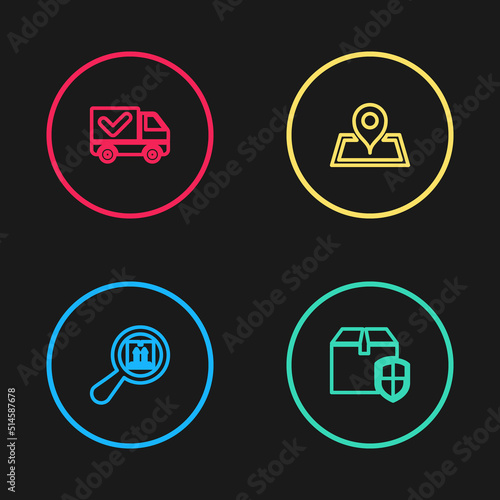Set line Search package, Delivery box security shield, Placeholder on map and truck with check mark icon. Vector