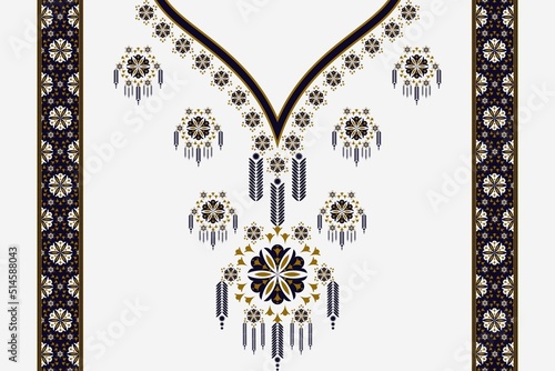 Vector ethnic neck embroidery V-shape geometric flower pattern design with border on white color background. Elegant tribal art fashion for shirts.