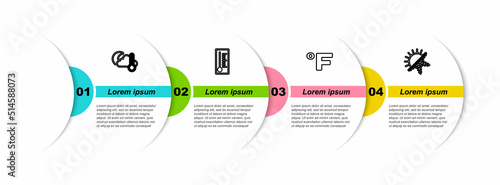 Set line Thermometer and cloud, moon, Meteorology thermometer, Fahrenheit and Sun snowflake. Business infographic template. Vector