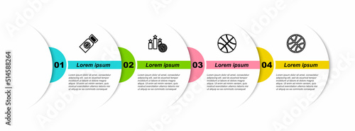 Set line Basketball game ticket, Sports winner podium, and . Business infographic template. Vector