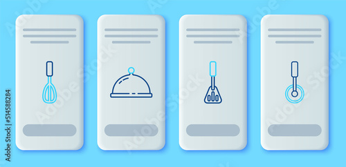 Set line Covered with tray of food, Spatula, Kitchen whisk and Pizza knife icon. Vector