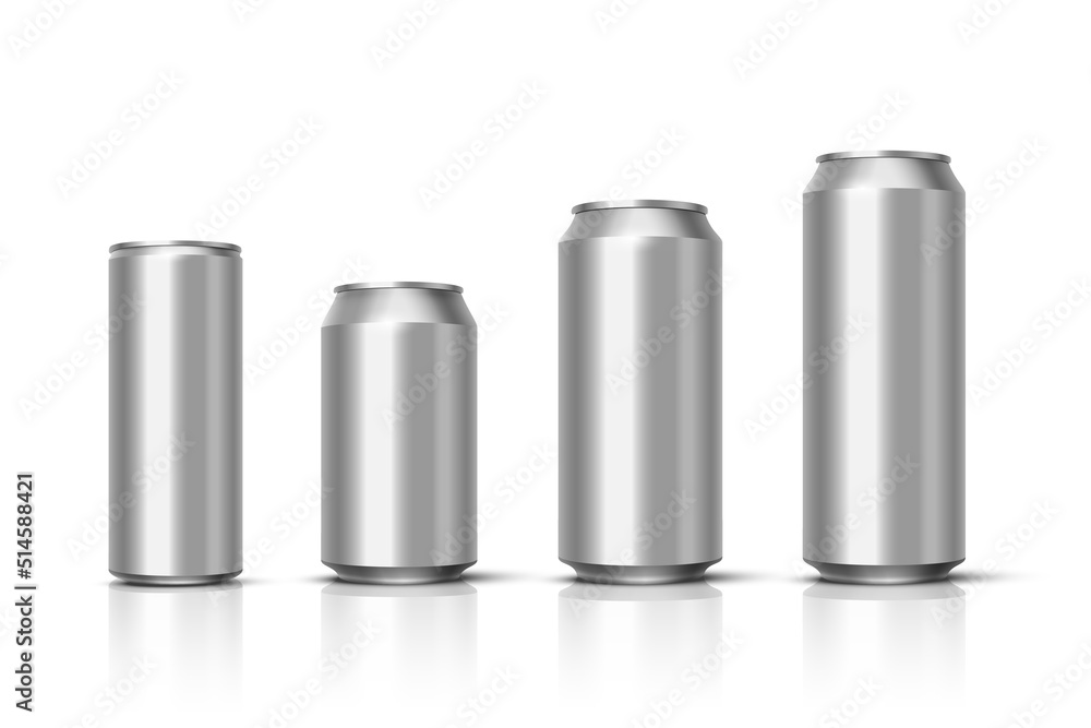 Aluminium beer, energy drink or soda pack mock up. Vector realistic blank metallic cans with mirror reflection isolated on white background Aluminium beer, energy drink or soda pack mock up. Vector realistic blank metallic cans with mirror reflection isolated on white background