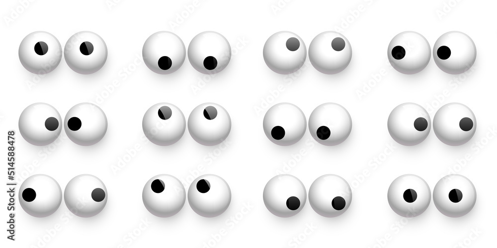 Toy eyes set vector illustration. Wobbly plastic open eyeballs of dolls looking up, down, left, right, crazy round parts with black pupil collection isolated on white background Toy eyes set vector illustration. Wobbly plastic open eyeballs of dolls looking up, down, left, right, crazy round parts with black pupil collection isolated on white background