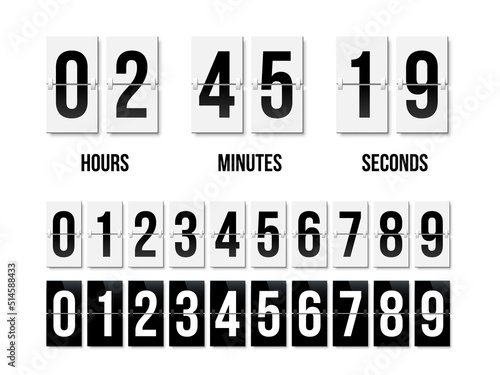 Countdown clock display with black and white nubers set. Vector date counter flip board isolated on white bacground