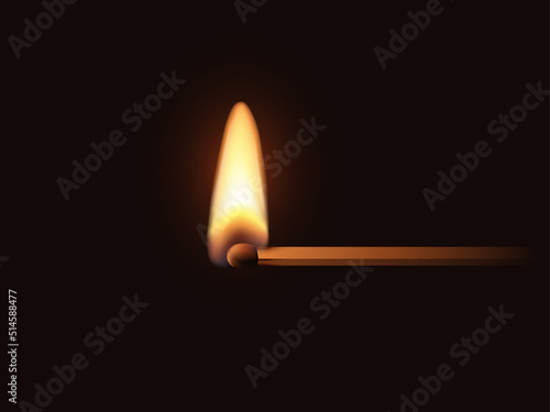 Match stick with flame, 3d realistic half burnt matchstick with bright hot flame