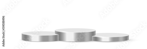 3d podium platform cylinders, silver pedestal stages for product presentation or winner