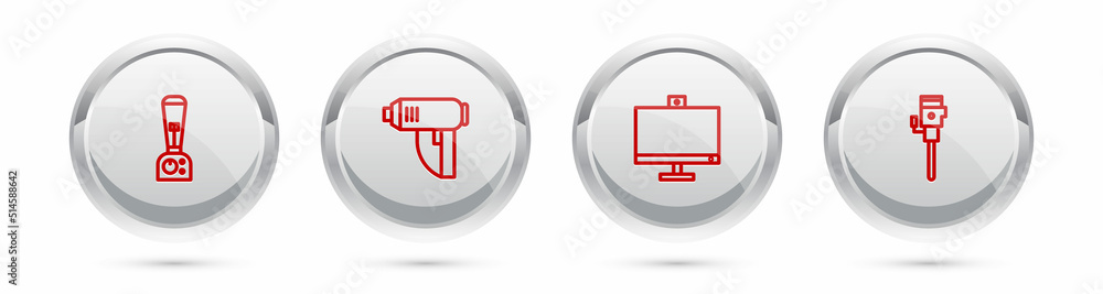 Set line Blender, Electric industrial dryer, Computer monitor and Construction jackhammer. Silver circle button. Vector Set line Blender, Electric industrial dryer, Computer monitor and Construction jackhammer. Silver circle button. Vector