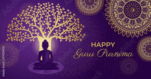 Happy Guru Purnima Gautama Buddha, Bodhi Tree, Golden Ornate Luxury Mandala Background. Traditional Festival Horizontal Poster Banner Template Vector Illustration. Social media post, website header