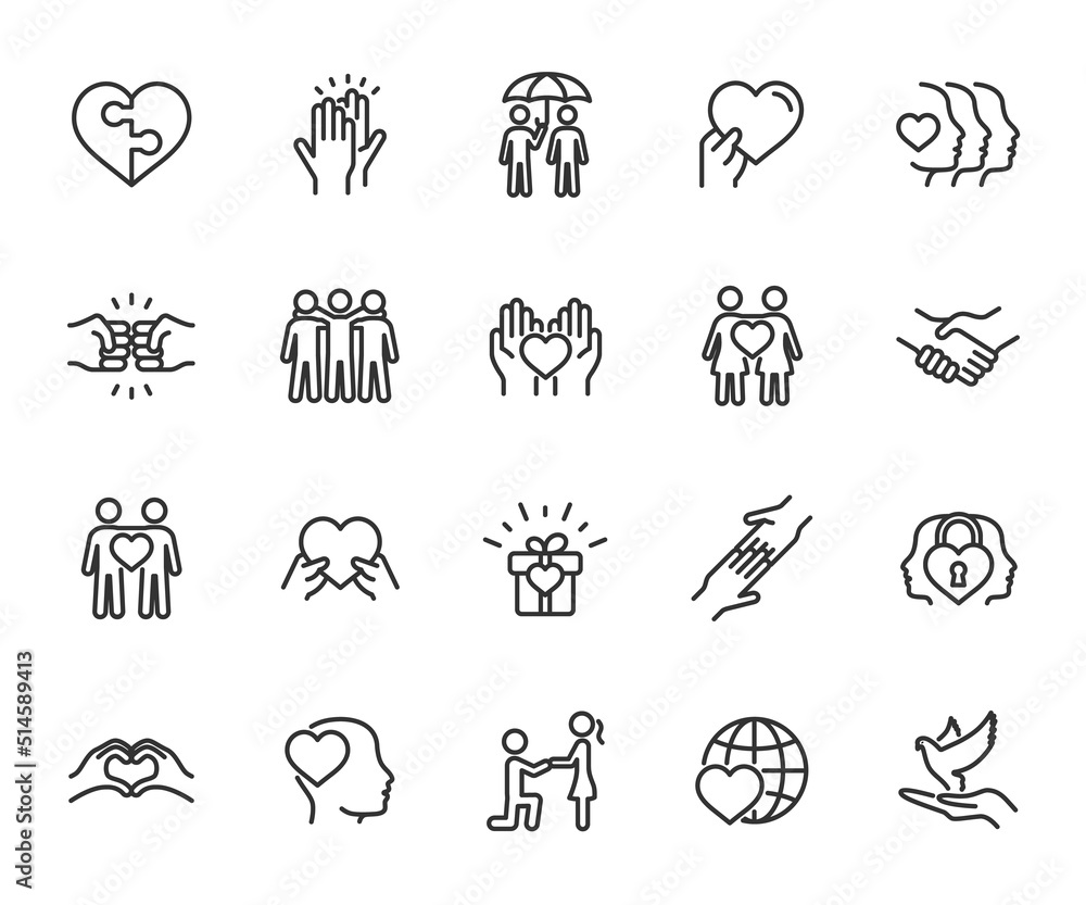 Vector set of friendship and love line icons. Contains icons friend, relationship, buddy, understanding, trust, help, dove of peace, care and more. Pixel perfect. Vector set of friendship and love line icons. Contains icons friend, relationship, buddy, understanding, trust, help, dove of peace, care and more. Pixel perfect.