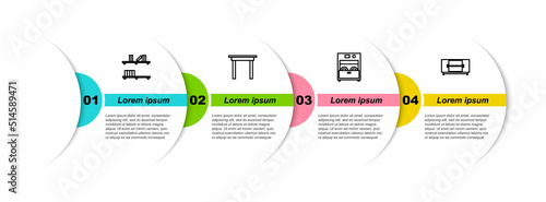 Set line Shelf with books, Wooden table, Kitchen dishwasher machine and TV stand. Business infographic template. Vector
