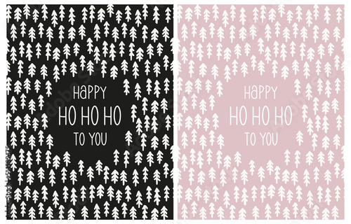 Happy Ho Ho Ho to You. Christmas Vector Card. White Christmas Trees Isolated on a Black and Dusty Light Pink Background. Winter Holidays Illustration in 2 Different Colors ideal for Wishes.  photo