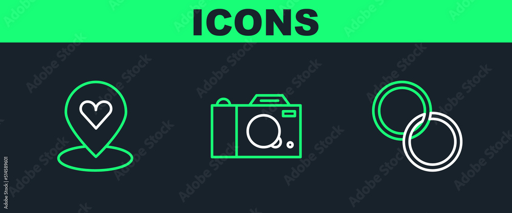 Set line Wedding rings, Location with heart and Photo camera icon. Vector Set line Wedding rings, Location with heart and Photo camera icon. Vector