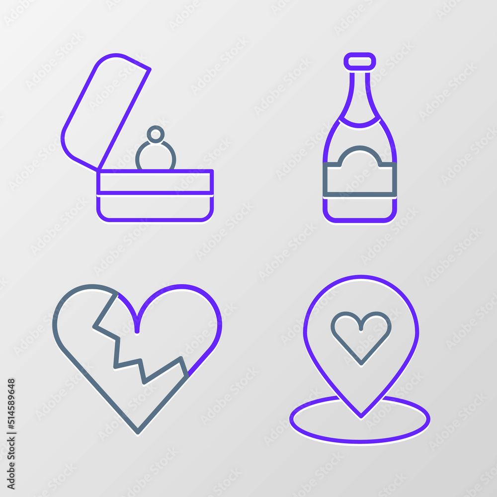 Set line Location with heart, Broken or divorce, Champagne bottle and Wedding rings icon. Vector Set line Location with heart, Broken or divorce, Champagne bottle and Wedding rings icon. Vector