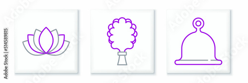 Set line Sauna hat, Lotus flower and broom icon. Vector