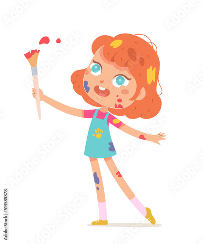 Cute creative little painter holding paint brush to draw, girl with dirty clothes