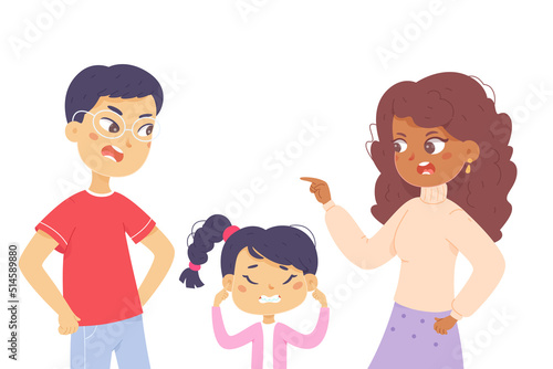 Angry people shout and quarrel during family conflict, sad girl covering ears with hands