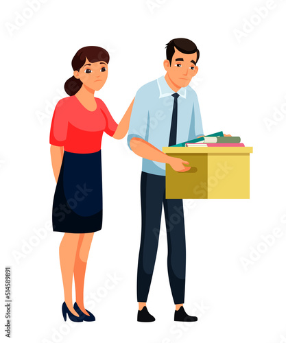 Sad fired male employee lost job, isolated unemployed young man carrying box with things