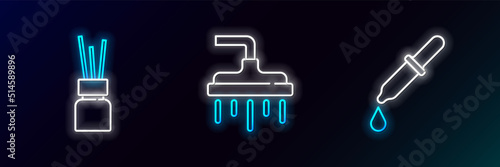 Set line Pipette, Aroma diffuser and Shower head icon. Glowing neon. Vector