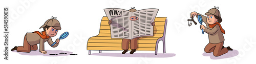 Cute detective characters set, isolated scenes with spy surveillance and investigation
