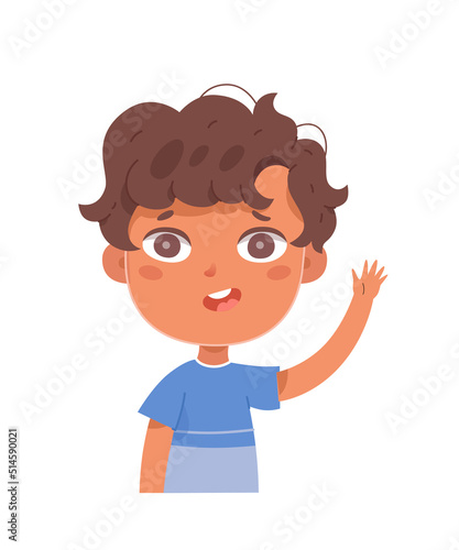 Kid with hand up vector illustration. Cartoon cute boy waving for friends, standing and giving 5, little student of primary school raising arm, answering for teacher isolated on white