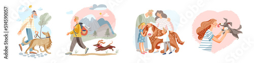 People love dogs, life scenes set with happy pet owners and own best friends, friendship