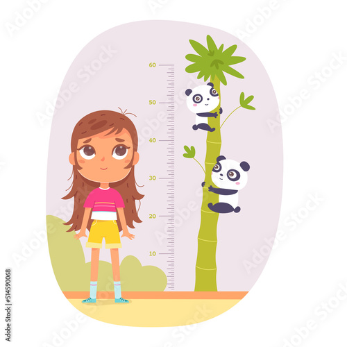Girl measuring height in inches vector illustration. Kid with glasses standing near tall tree with funny pandas, measurement of growth of child for kindergarten or at home nursery isolated on white