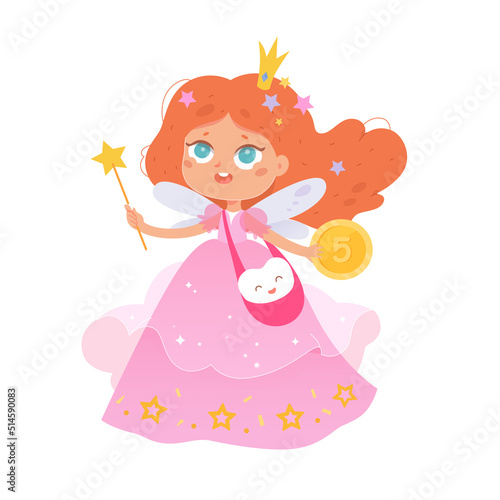 Tooth fairy holding magic wand, gold coin and bag for baby teeth, fairytale princess