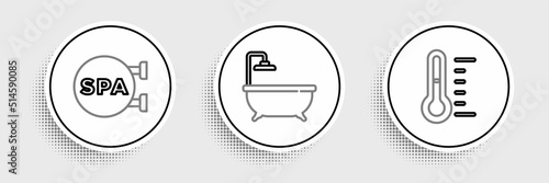 Set line Sauna thermometer, Spa salon and Bathtub icon. Vector