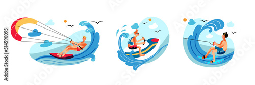 Water sport set, extreme activity on sea beach, isolated summer challenge, leisure scenes