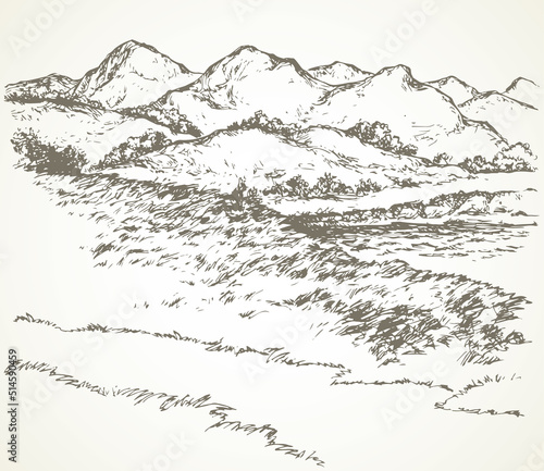 The path by the mountain lake. Vector drawing