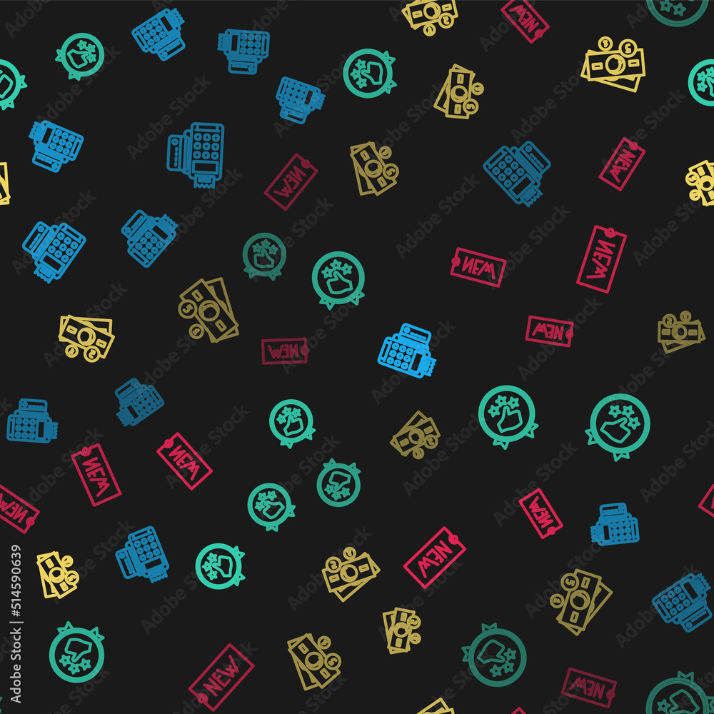 Set line POS terminal with credit card, Consumer or customer product rating, Stacks paper money cash and Price tag text New on seamless pattern. Vector Set line POS terminal with credit card, Consumer or customer product rating, Stacks paper money cash and Price tag text New on seamless pattern. Vector