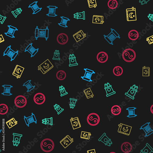 Set line Decree, paper, parchment, scroll, Stage stand or tribune, Holy book of Koran and Yin Yang on seamless pattern. Vector