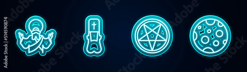 Set line Jesus Christ, Priest, Pentagram in a circle and Moon. Glowing neon icon. Vector