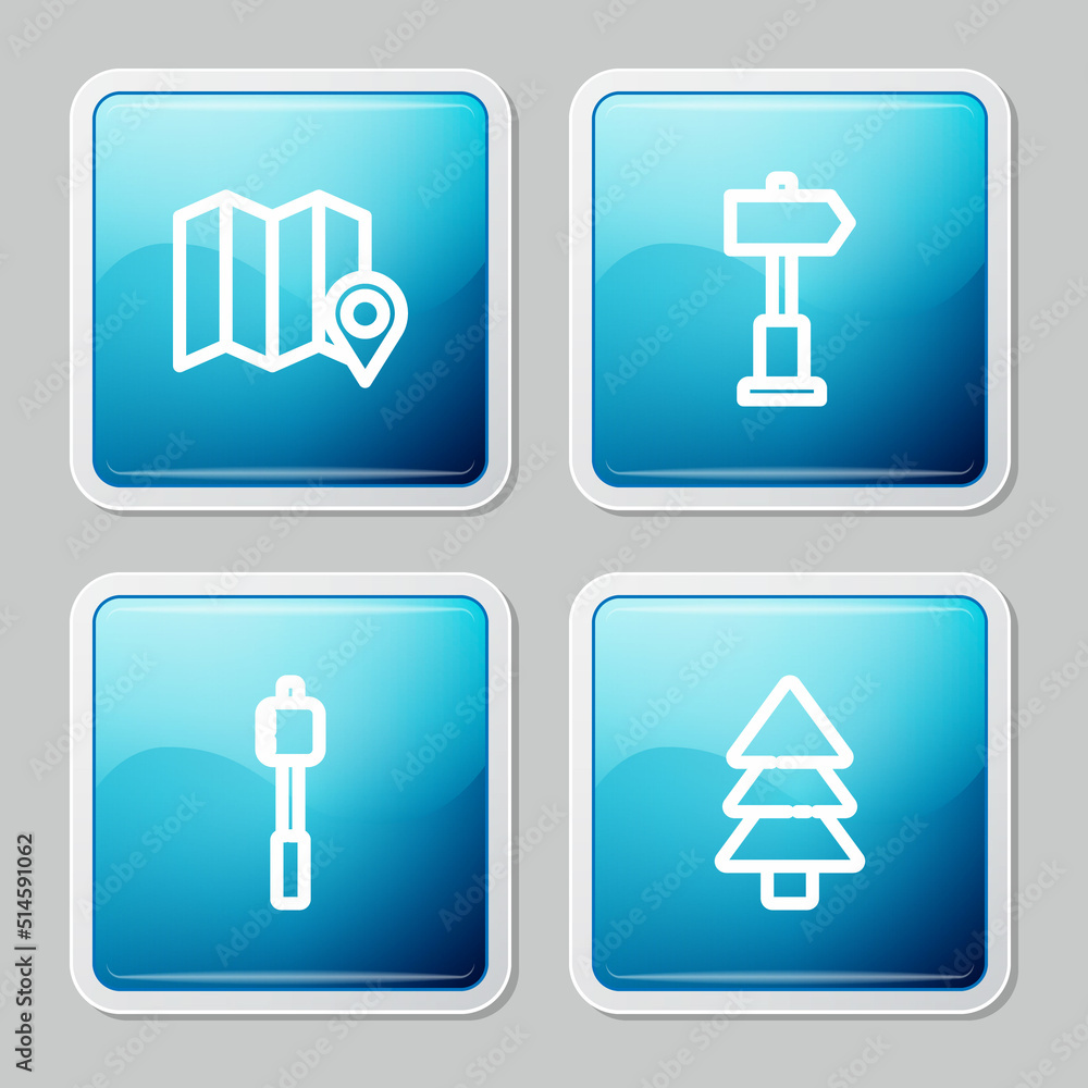 Set line Location of the forest on map, Road traffic signpost, Marshmallow stick and Tree icon. Vector Set line Location of the forest on map, Road traffic signpost, Marshmallow stick and Tree icon. Vector