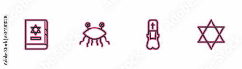 Set line Jewish torah book, Priest, Pastafarianism and Star of David icon. Vector