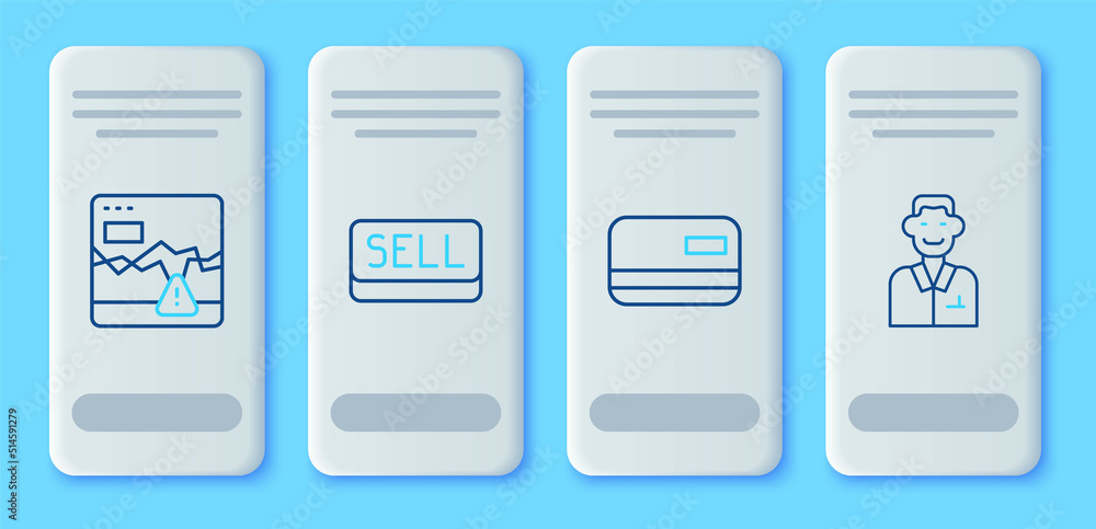 Set line Sell button, Credit card, Failure stocks market and Trader icon. Vector
