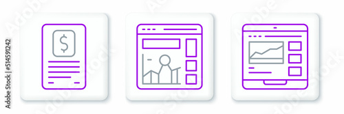 Set line Trading courses, Business finance report and Website with growth graph icon. Vector