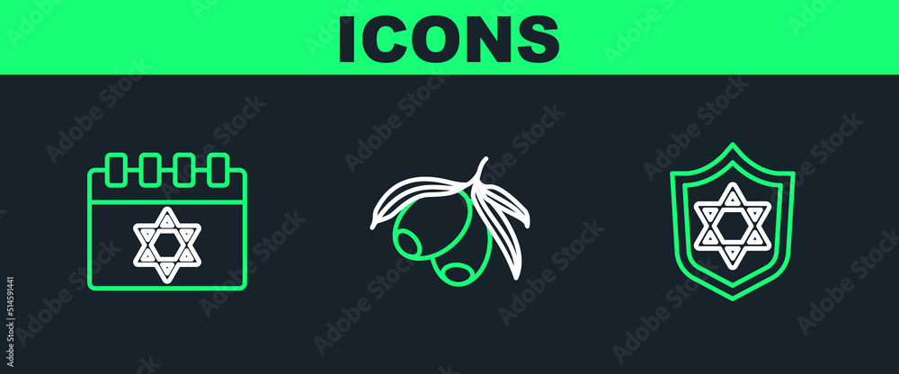 Set line Shield with Star of David, Jewish calendar and Olives branch icon. Vector Set line Shield with Star of David, Jewish calendar and Olives branch icon. Vector