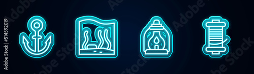 Set line Anchor, Aquarium, Camping lantern and Spinning reel for fishing. Glowing neon icon. Vector