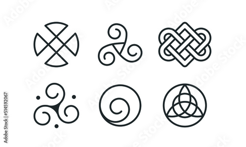 Celtic knots used for decoration or tattoos. Sacred Endless knot line icon set. Vector on white background