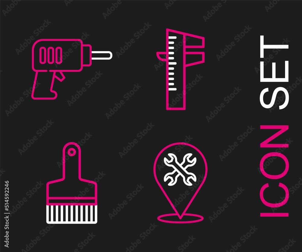 Set line Location with wrench, Paint brush, Calliper or caliper and scale and Electric drill machine icon. Vector Set line Location with wrench, Paint brush, Calliper or caliper and scale and Electric drill machine icon. Vector