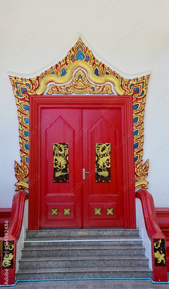 Thai classic pattern of buddhism temple doors and windows in thai temple at Bangkok, Thailand for design and decoration.