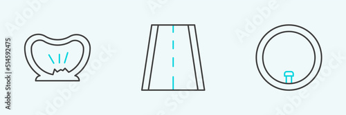 Set line Bicycle wheel, punctured tire and lane icon. Vector