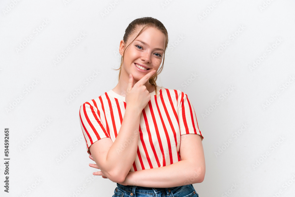 Young caucasian girl isolated on white background happy and smiling Young caucasian girl isolated on white background happy and smiling