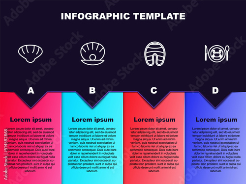 Set line Scallop sea shell, Shell with pearl, Fish steak and Served crab on plate. Business infographic template. Vector